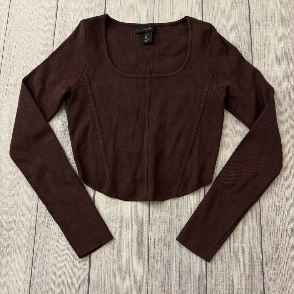 House Of Harlow 1960 Knit Rib‎ Stretch Crop Long Sleeve Top Small Brown